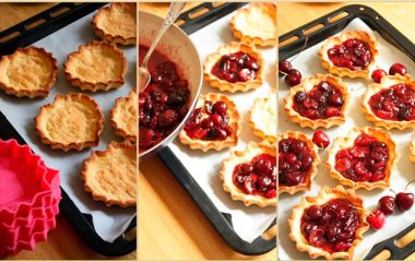 Корзинки с вишневым джемом и мороженым