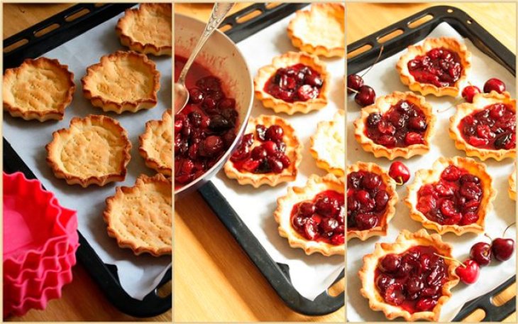 Корзинки с вишневым джемом и мороженым